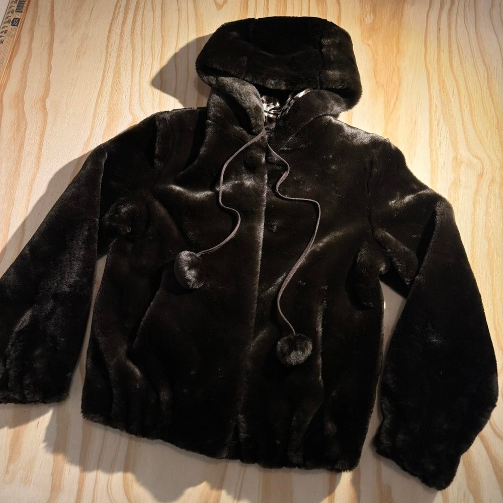 Curations Women Dark Brown Faux Fur Hooded Jacket Leopard Lining XS